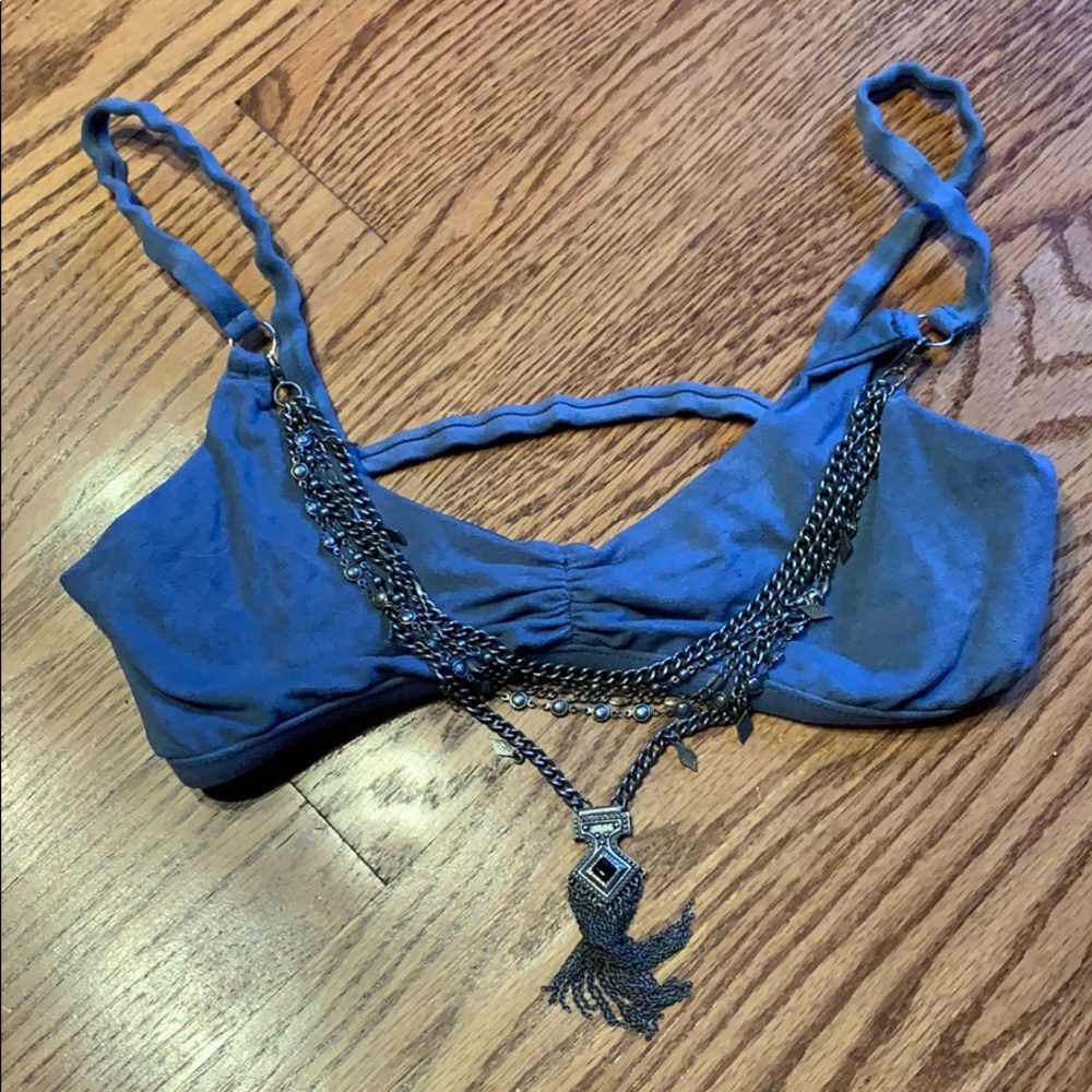 Blue life suede bikini top with removable chain XS